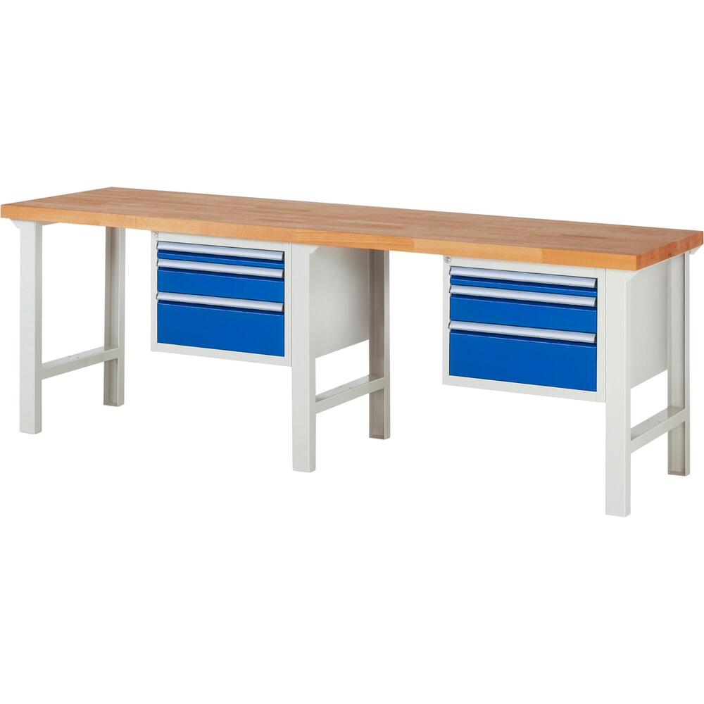 RAU Werkbank Serie 7000, TK 750 kg, 2 Container, HxBxT 840 x 2.500 x 700 mm, 6 x 90%-Auszug-Schubladen 2 x 60 mm, 2 x 120 mm, 2 x 180 mm