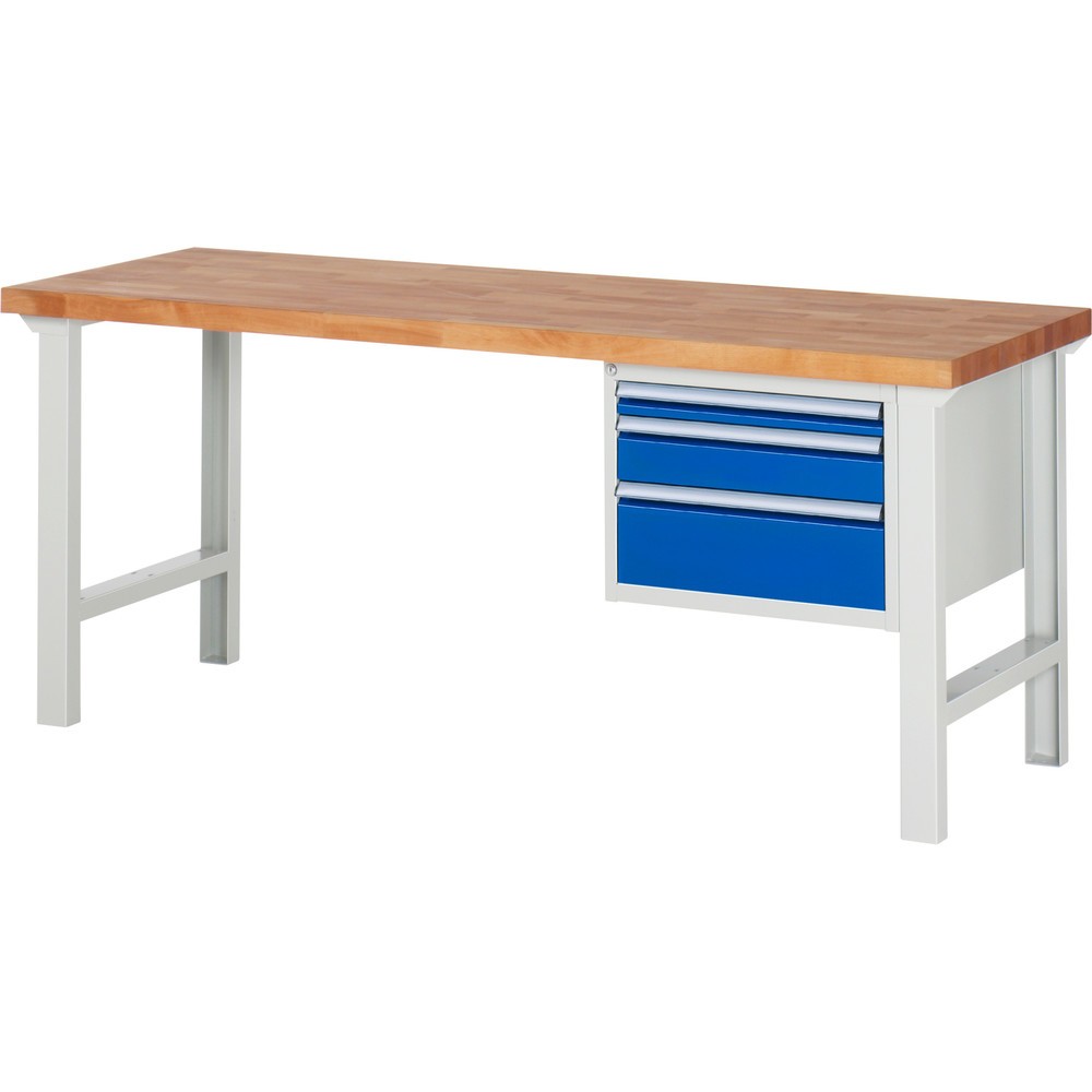 RAU Werkbank Serie 7000, 1 Container, HxBxT 840 x 2.000 x 700 mm, 3 x 90%-Auszug-Schubladen 1 x 60, 1 x 120, 1 x 180 mm, Schubladen-TK 100 kg