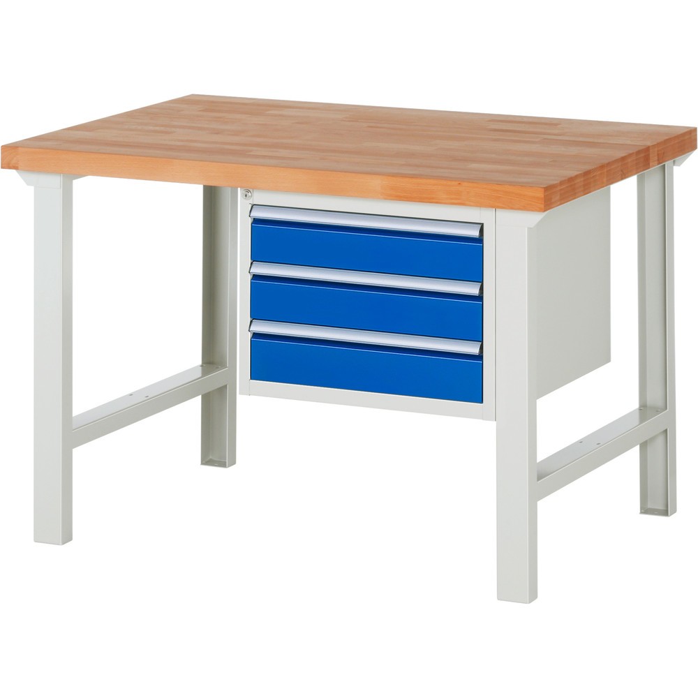 RAU Werkbank Serie 7000, 1 Container, HxBxT 840 x 1.250 x 900 mm, 3 x 100%-Auszug-Schubladen 3 x 120 mm, Schubladen-TK 100 kg