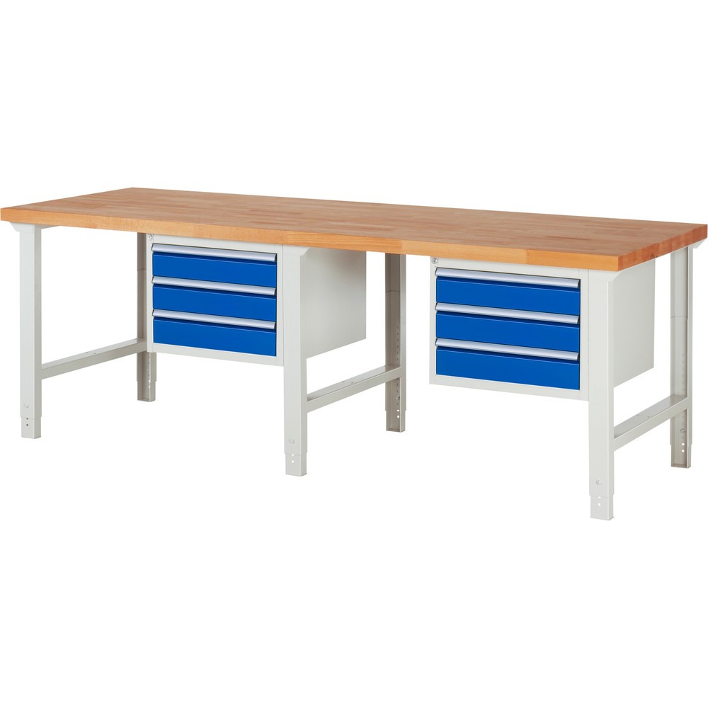 RAU Werkbank Serie 7000, 2 Container, HxBxT 790-1.140 x 2.500 x 900 mm, 6 x 90%-Auszug-Schubladen 6 x 120 mm