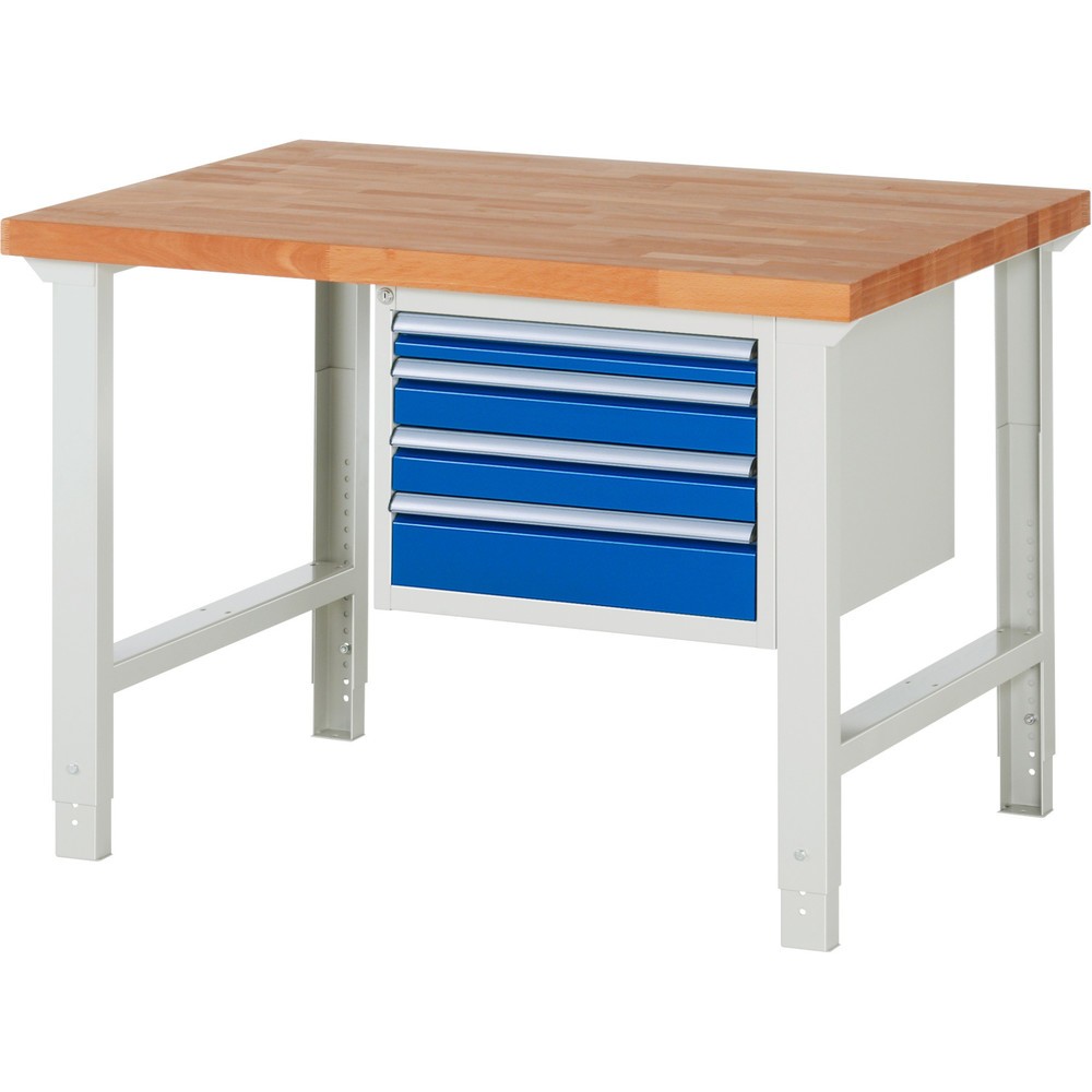 RAU Werkbank Serie 7000, 1 Container, HxBxT 790-1.140 x 1.250 x 900 mm, 4 x 100%-Auszug-Schubladen 1 x 60, 2 x 90, 1 x 120 mm