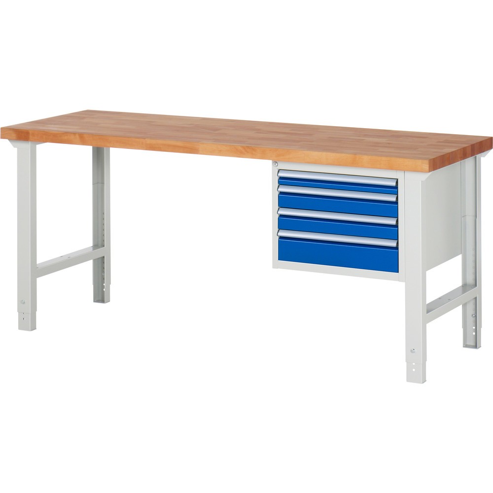 RAU Werkbank Serie 7000, 1 Container, HxBxT 790-1.140 x 2.000 x 700 mm, 4 x 90%-Auszug-Schubladen 1 x 60, 2 x 90, 1 x 120 mm