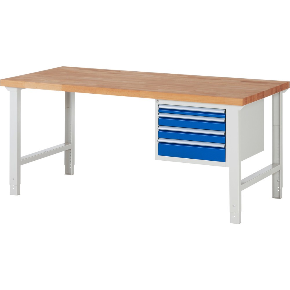 RAU Werkbank Serie 7000, 1 Container, HxBxT 790-1.140 x 2.000 x 900 mm, 4 x 100%-Auszug-Schubladen 1 x 60, 2 x 90, 1 x 120 mm