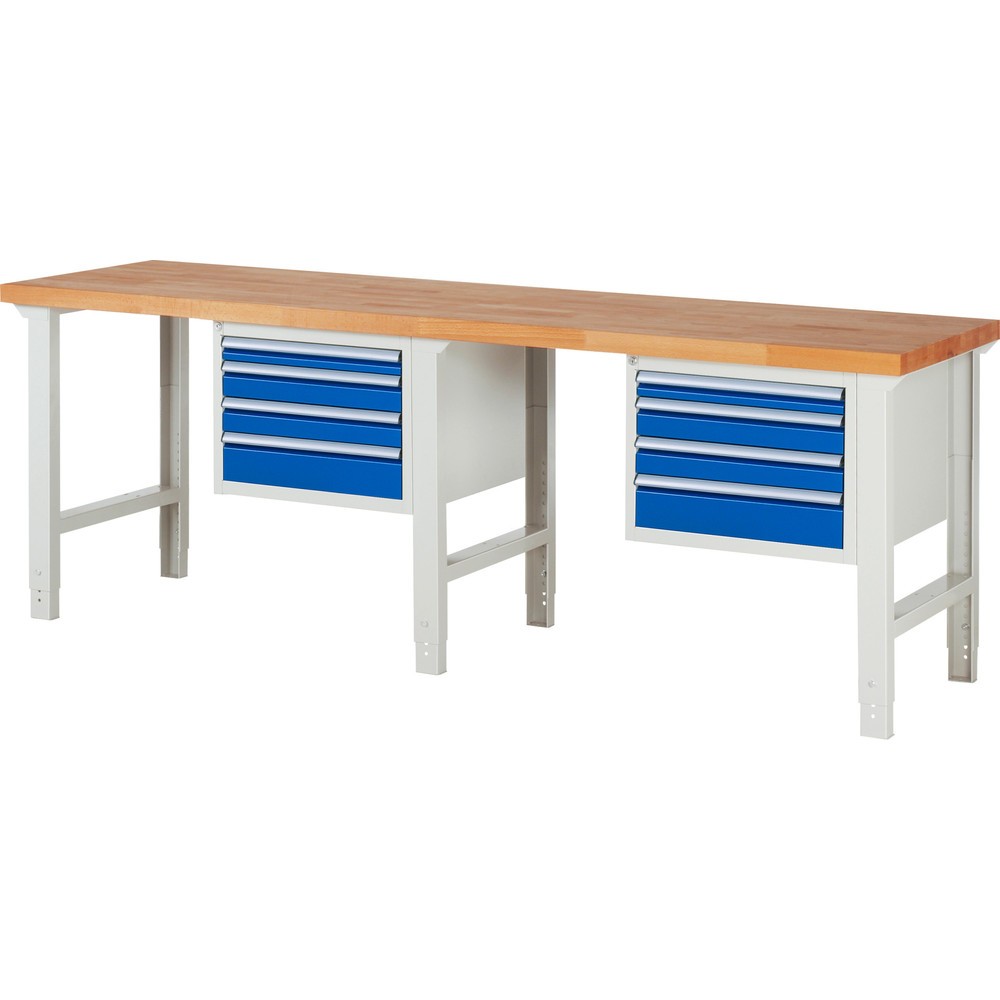 RAU Werkbank Serie 7000, 2 Container, HxBxT 790-1.140 x 2.500 x 700 mm, 8 x 100%-Auszug-Schubladen 2 x 60 mm, 4 x 90 mm, 2 x 120 mm