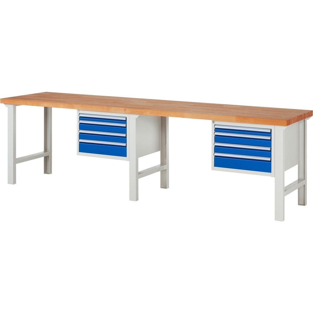 RAU Werkbank Serie 7000, 2 Container, HxBxT 840 x 3.000 x 700 mm, 8 x 100%-Auszug-Schubladen 2 x 60 mm, 4 x 90 mm, 2 x 120 mm, Schubladen-TK 100 kg