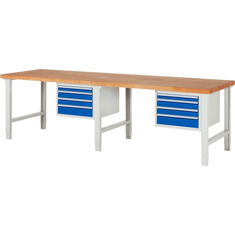 RAU Werkbank Serie 7000, 2 Container, HxBxT 790-1.140 x 3.000 x 900 mm, 8 Schubladen 2 x 60 mm, 4 x 90 mm, 2 x 120 mm