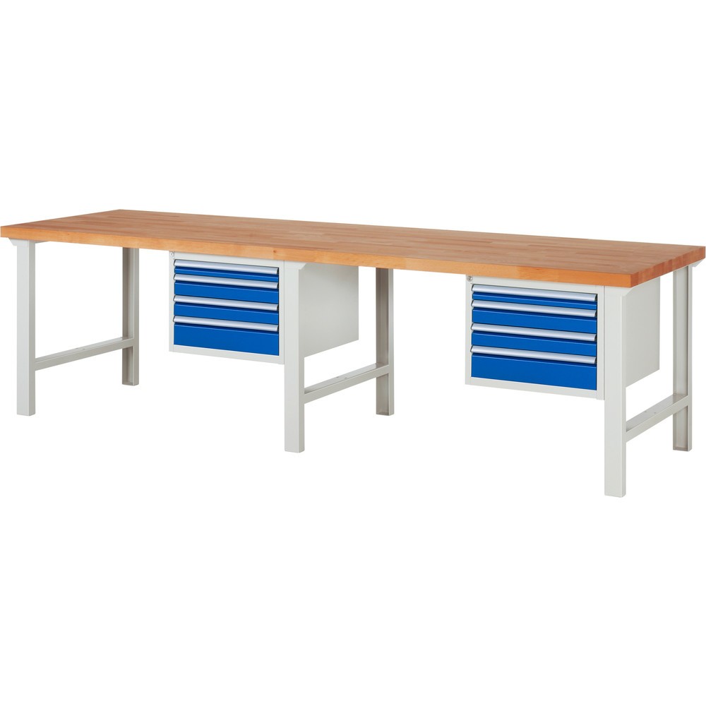 RAU Werkbank Serie 7000, 2 Container, HxBxT 840 x 3.000 x 900 mm, 8 x 90%-Auszug-Schubladen 2 x 60 mm, 4 x 90 mm, 2 x 120 mm