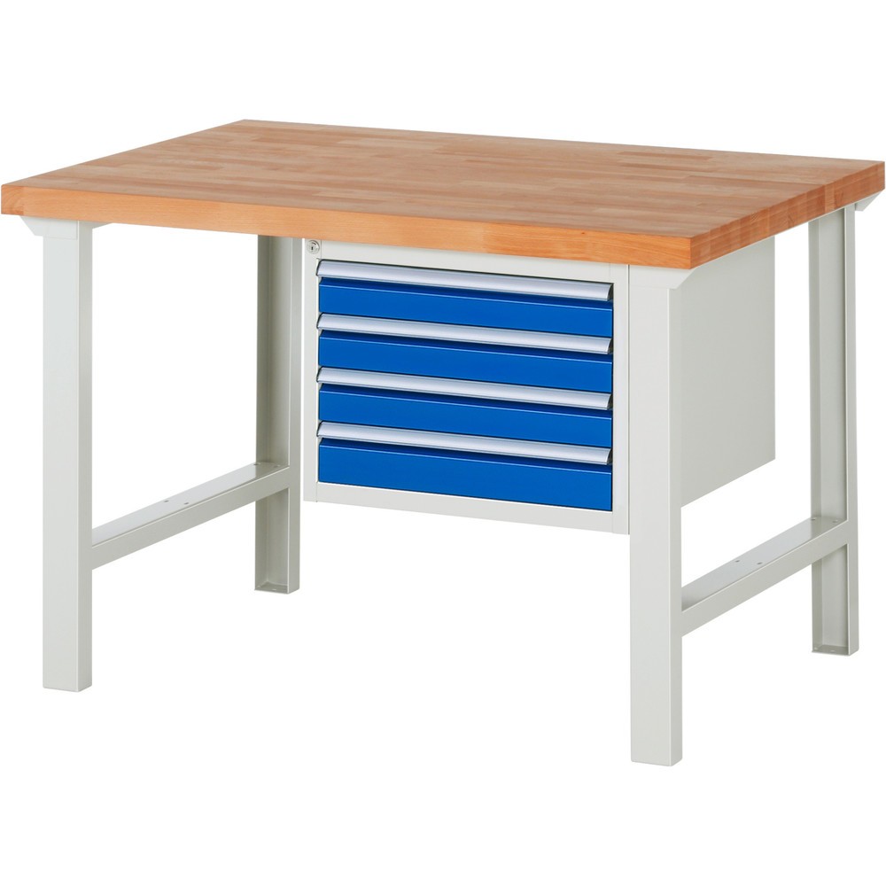 RAU Werkbank Serie 7000, 1 Container, HxBxT 840 x 1.250 x 900 mm, 4 x 100%-Auszug-Schubladen 4 x 90 mm, Schubladen-TK 100 kg