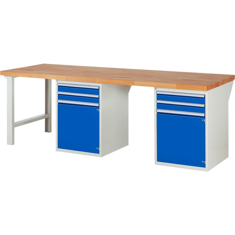 RAU Werkbank Serie 7000, 2 Container, HxBxT 890 x 2.500 x 900 mm, 4 x 100%-Auszug-Schubladen, 1 Fachboden, 2 Flügeltüren