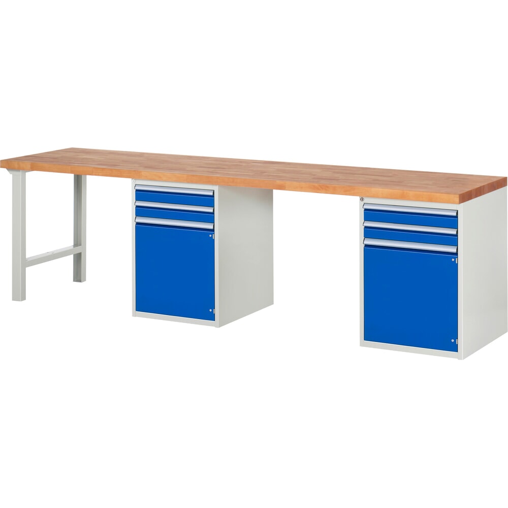 RAU Werkbank Serie 7000, 2 Container, HxBxT 890 x 3.000 x 700 mm, 4 x 90%-Auszug-Schubladen, 1 Fachboden, 2 Flügeltüren