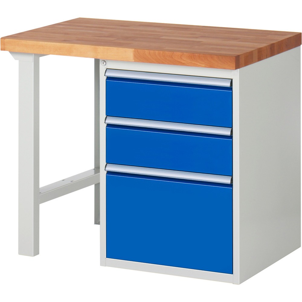 RAU Werkbank Serie 7000, 1 Container, HxBxT 840 x 1.000 x 700 mm, 3 x 90%-Auszug-Schubladen 2 x 180, 1 x 360 mm, Schubladen-TK 100 kg
