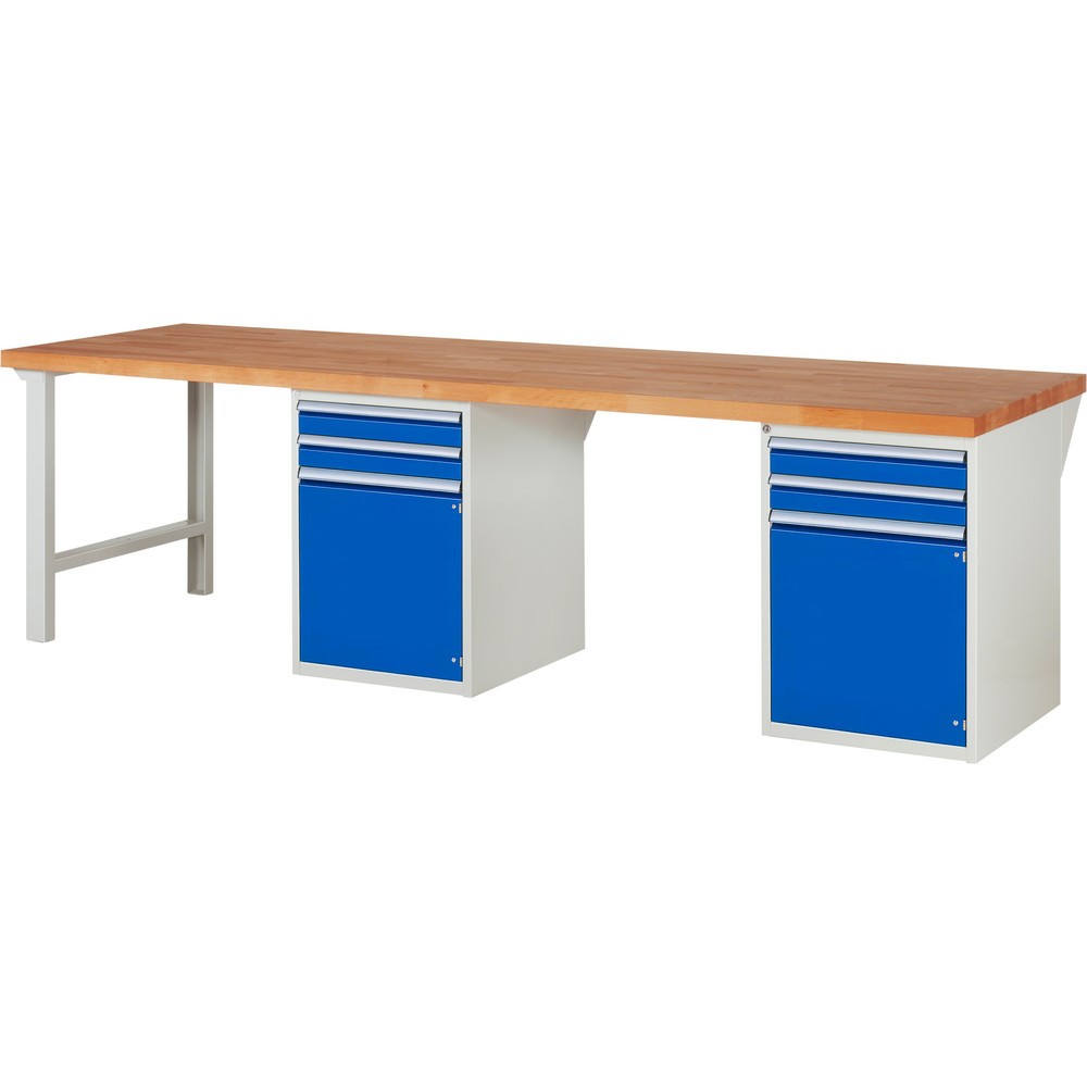RAU Werkbank Serie 7000, 2 Container, HxBxT 890 x 3.000 x 900 mm, 4 x 100%-Auszug-Schubladen, 1 Fachboden, 2 Flügeltüren