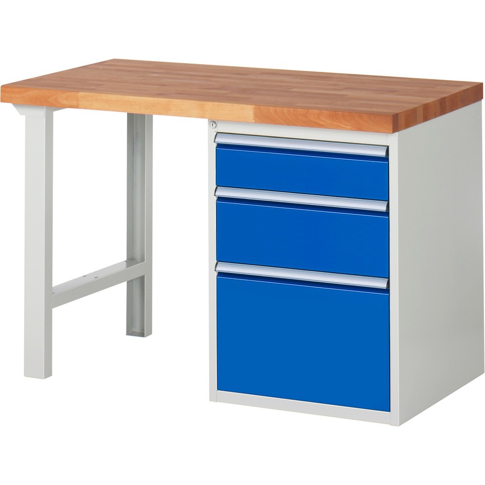 RAU Werkbank Serie 7000, 1 Container, HxBxT 890 x 1.250 x 700 mm, 3 x 90%-Auszug-Schubladen 1 x 150, 1 x 210, 1 x 360 mm, Schubladen-TK 100 kg