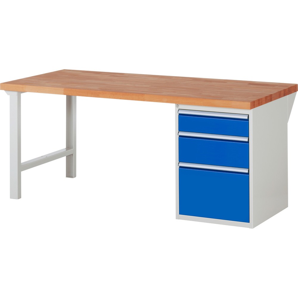 RAU Werkbank Serie 7000, 1 Container, HxBxT 840 x 2.000 x 900 mm, 3 x 90%-Auszug-Schubladen 1 x 150, 1 x 210, 1 x 360 mm, Schubladen-TK 100 kg