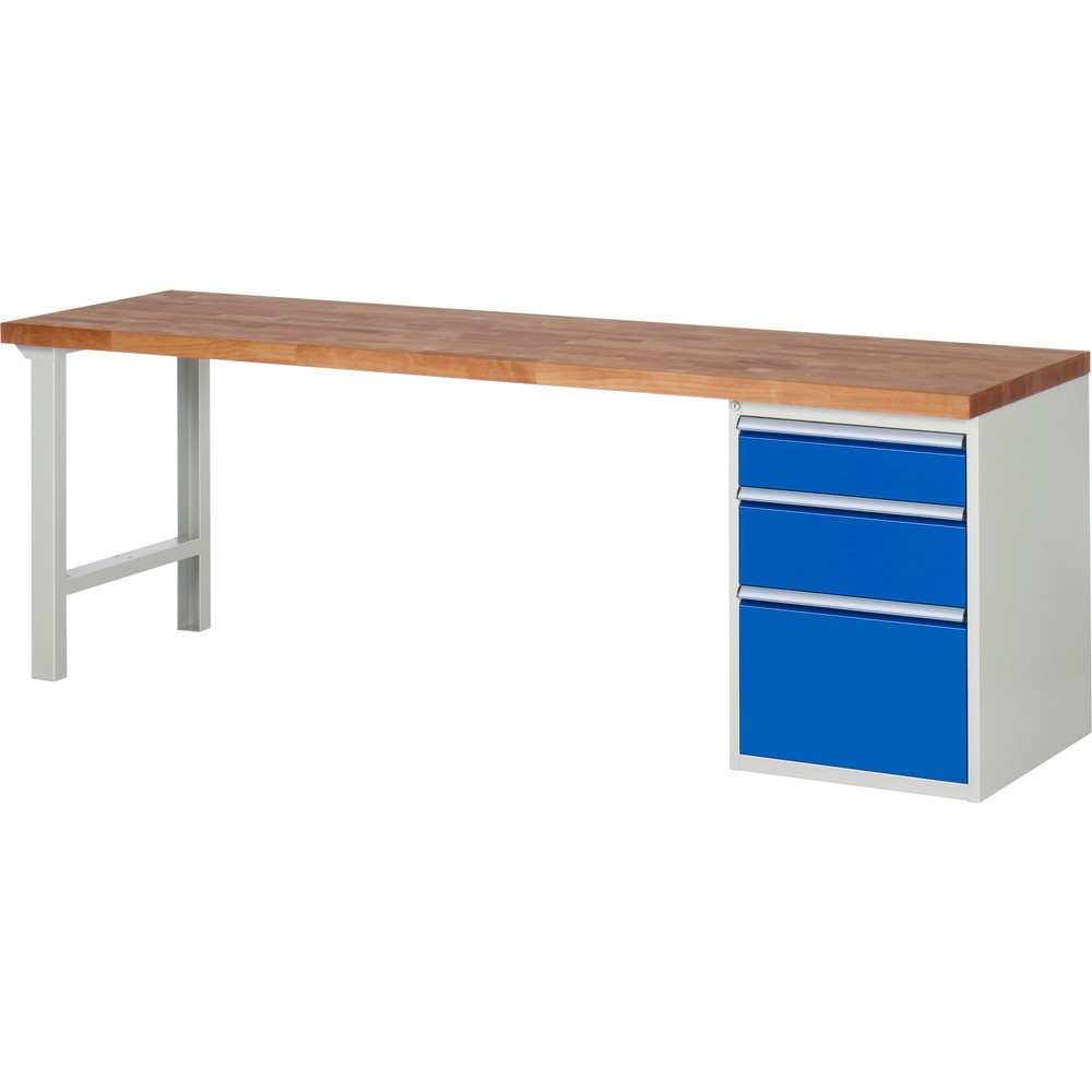 RAU Werkbank Serie 7000, 1 Container, HxBxT 890 x 2.500 x 700 mm, 3 x 100%-Auszug-Schubladen 1 x 150, 1 x 210, 1 x 360 mm, Schubladen-TK 100 kg