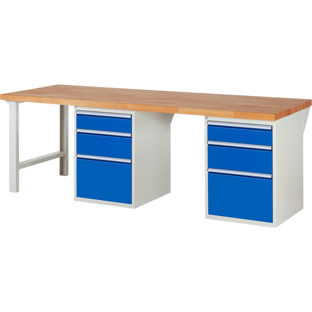 RAU Werkbank Serie 7000, 2 Container, HxBxT 890 x 2.500 x 900 mm, 6 x 90%-Auszug-Schubladen 2 x 150 mm, 2 x 210 mm, 2 x 360 mm