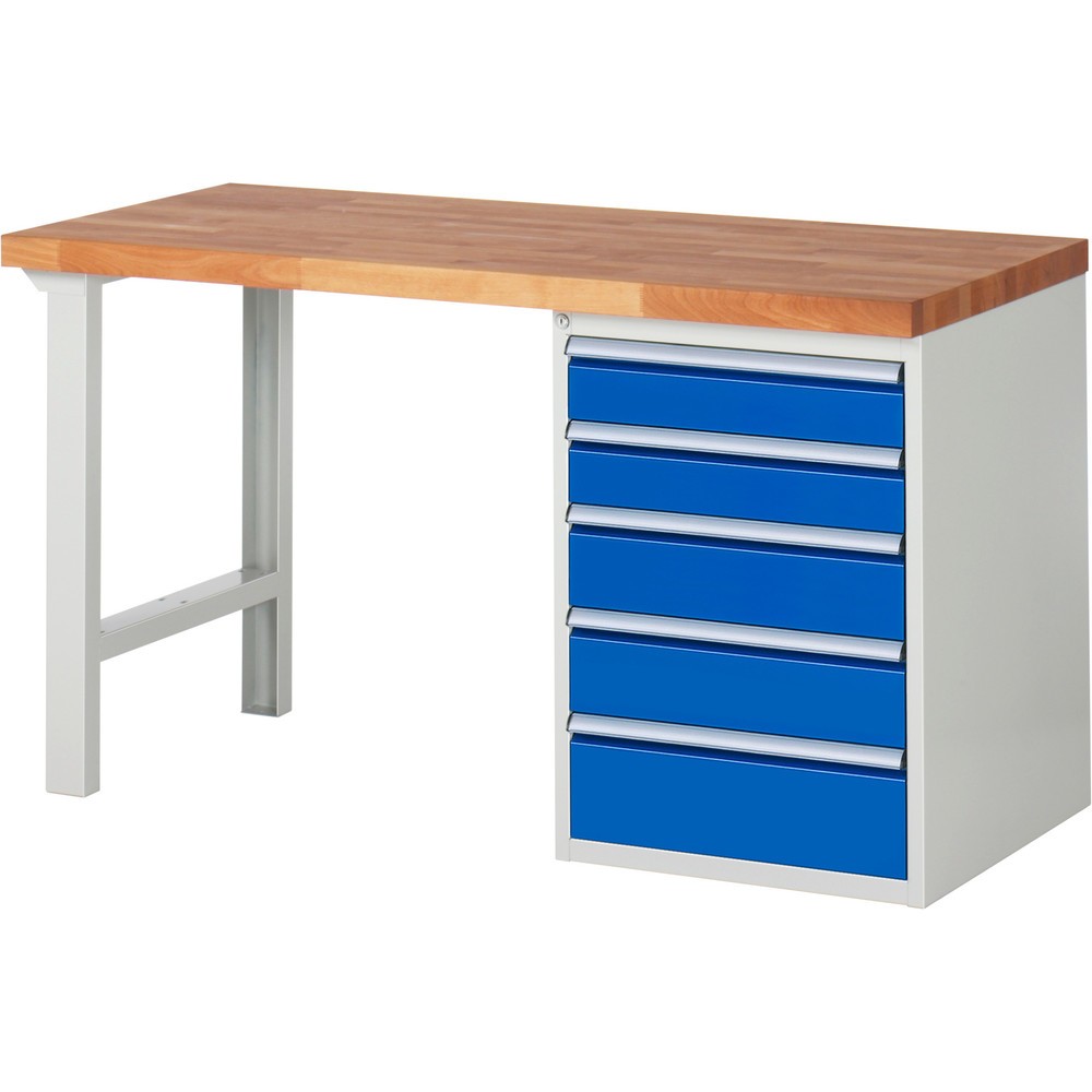 RAU Werkbank Serie 7000, 1 Container, HxBxT 840 x 1.500 x 700 mm, 5 x 100%-Auszug-Schubladen 2 x 120, 2 x 150, 1 x 180 mm, Schubladen-TK 100 kg