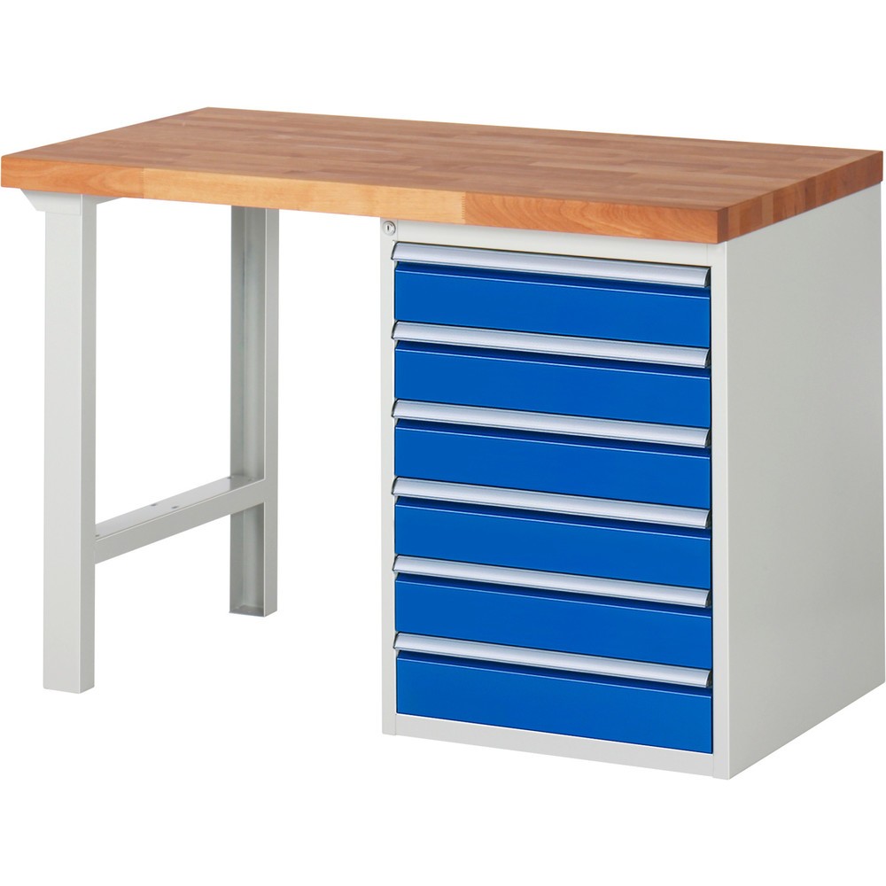 RAU Werkbank Serie 7000, 1 Container, HxBxT 840 x 1.250 x 700 mm, 6 x 100%-Auszug-Schubladen 6 x 120 mm, Schubladen-TK 100 kg
