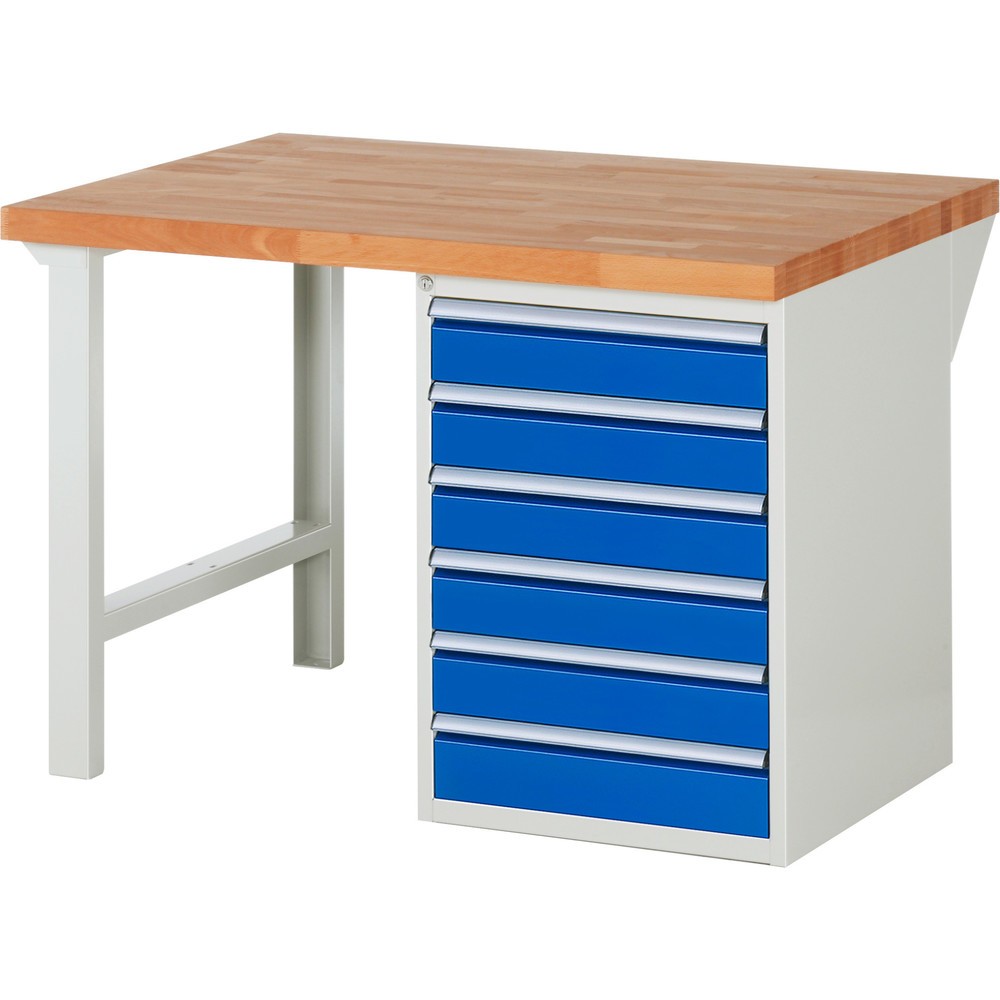 RAU Werkbank Serie 7000, 1 Container, HxBxT 840 x 1.250 x 900 mm, 6 x 90%-Auszug-Schubladen 6 x 120 mm, Schubladen-TK 100 kg