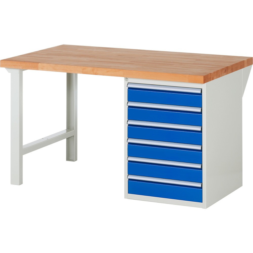 RAU Werkbank Serie 7000, 1 Container, HxBxT 840 x 1.500 x 900 mm, 6 x 90%-Auszug-Schubladen 6 x 120 mm, Schubladen-TK 100 kg