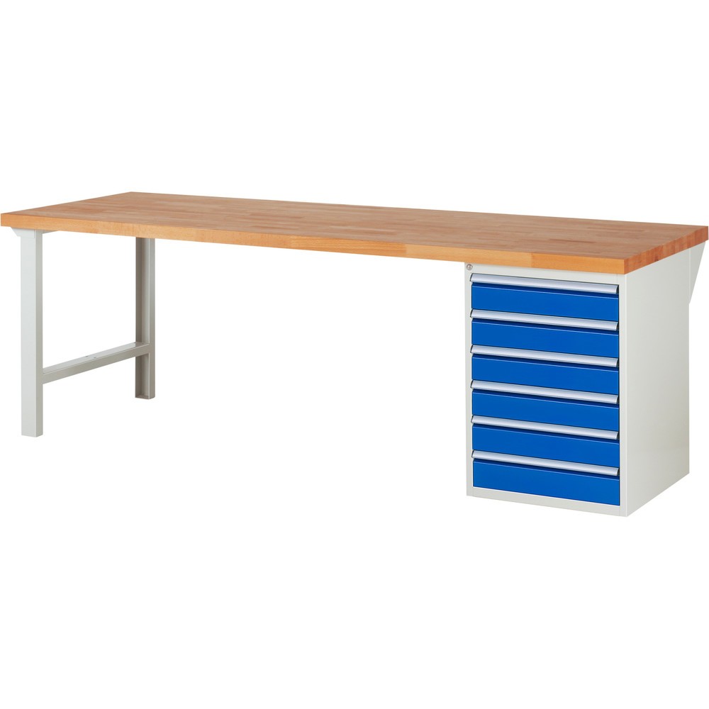 RAU Werkbank Serie 7000, 1 Container, HxBxT 840 x 2.500 x 900 mm, 6 x 100%-Auszug-Schubladen 6 x 120 mm, Schubladen-TK 100 kg