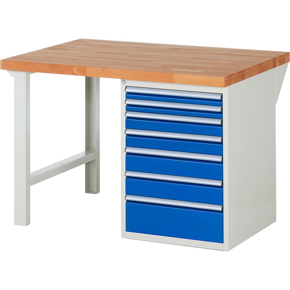RAU Werkbank Serie 7000, 1 Container, HxBxT 840 x 1.250 x 900 mm, 7 x 100%-Auszug-Schubladen, Schubladen-TK 100 kg