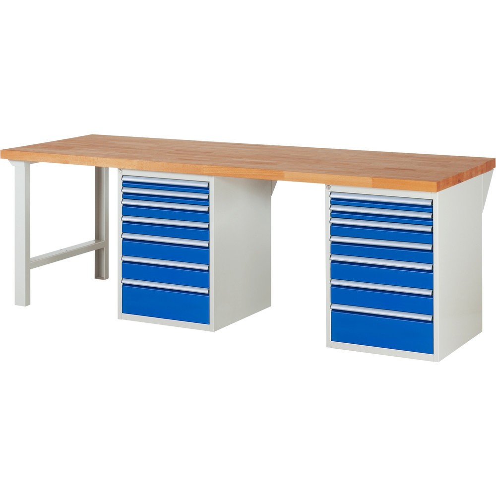 RAU Werkbank Serie 7000, 2 Container, HxBxT 840 x 2.500 x 900 mm, 14 x 90%-Auszug-Schubladen