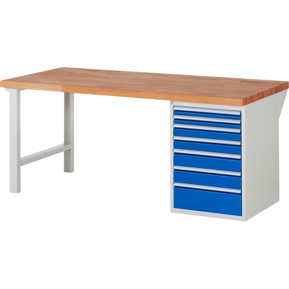 RAU Werkbank Serie 7000, 1 Container, HxBxT 890 x 2.000 x 900 mm, 7 x 90%-Auszug-Schubladen, Schubladen-TK 100 kg