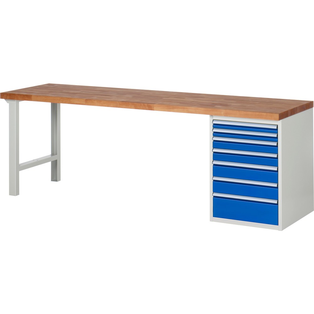 RAU Werkbank Serie 7000, 1 Container, HxBxT 840 x 2.500 x 700 mm, 7 x 90%-Auszug-Schubladen, Schubladen-TK 100 kg