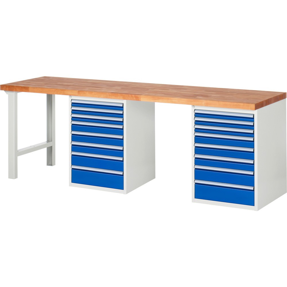 RAU Werkbank Serie 7000, 2 Container, HxBxT 890 x 2.500 x 700 mm, 16 x 90%-Auszug-Schubladen