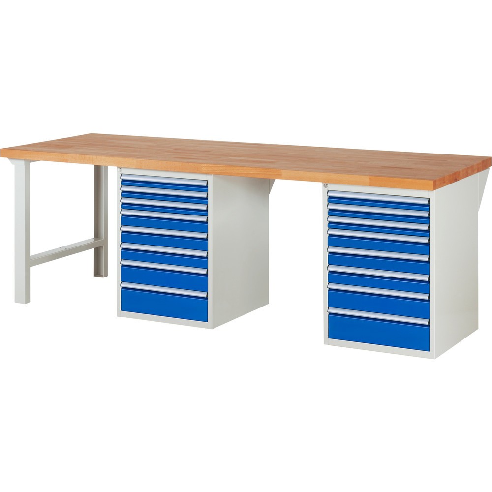 RAU Werkbank Serie 7000, 2 Container, HxBxT 890 x 2.500 x 900 mm, 16 x 90%-Auszug-Schubladen