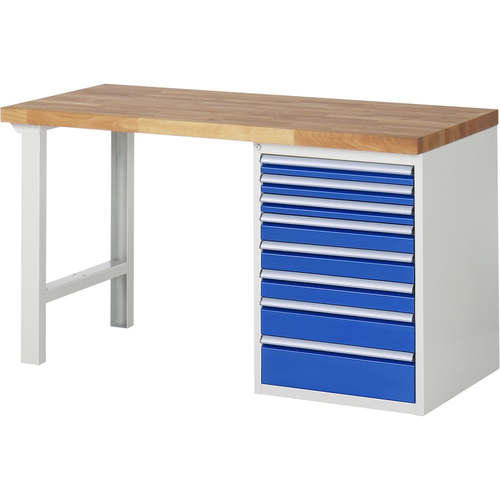 RAU Werkbank Serie 7000, 1 Container, HxBxT 840 x 1.500 x 700 mm, 8 x 90%-Auszug-Schubladen, Schubladen-TK 100 kg