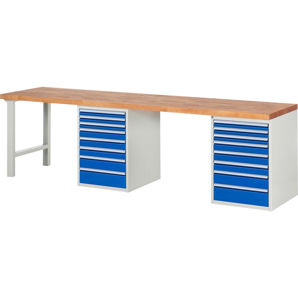RAU Werkbank Serie 7000, 2 Container, HxBxT 890 x 3.000 x 700 mm, 16 x 90%-Auszug-Schubladen