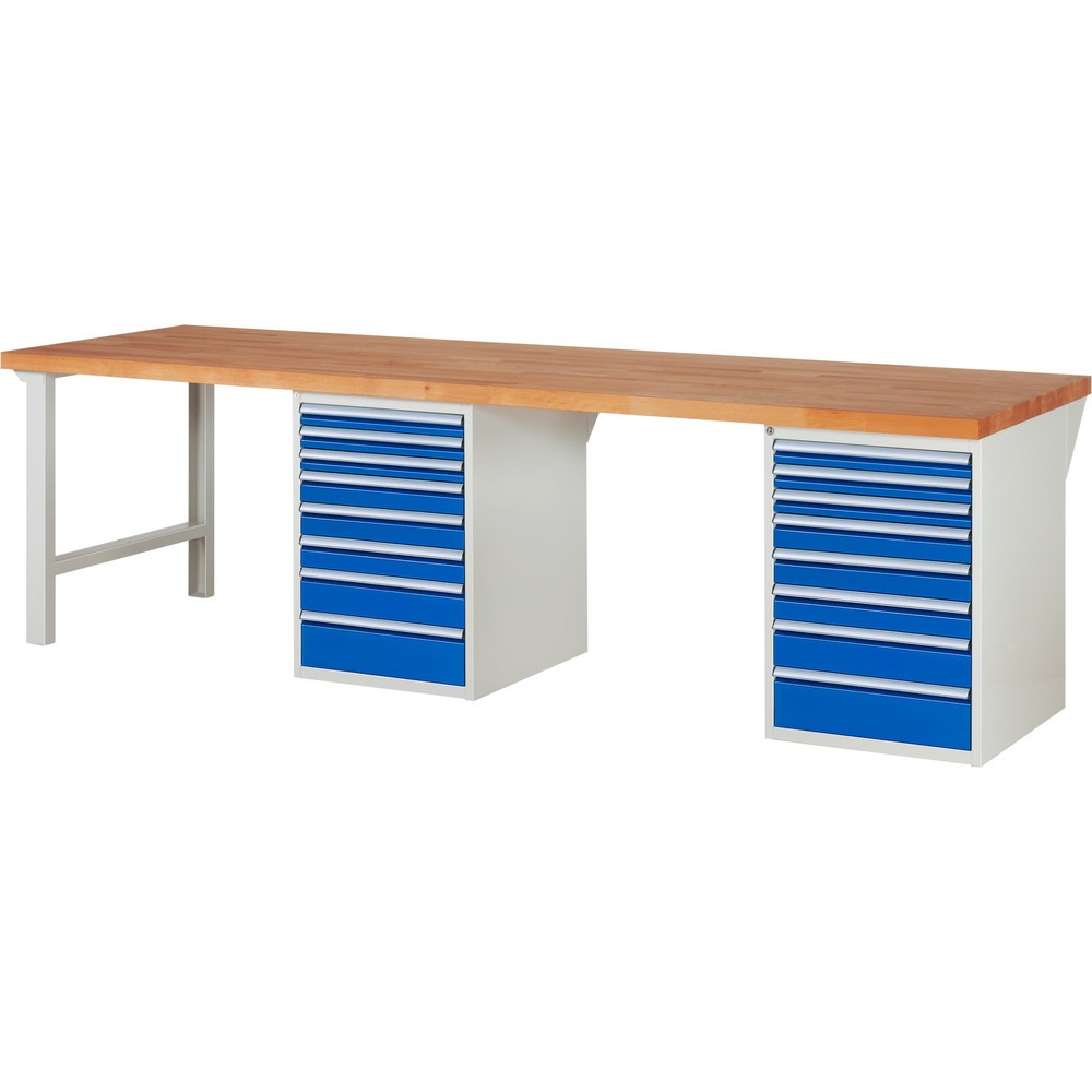 RAU Werkbank Serie 7000, 2 Container, HxBxT 840 x 3.000 x 900 mm, 16 x 100%-Auszug-Schubladen