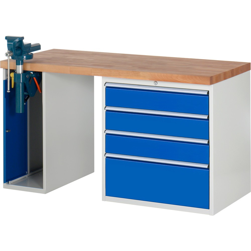 RAU Werkbank Serie 7000, 2 Container, HxBxT 840 x 1.500 x 700 mm, 4 x 100%-Auszug-Schubladen 3 x 150 mm, 1 x 270 mm, Schubladen-TK 100 kg