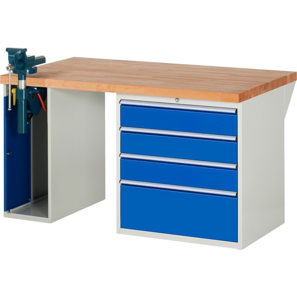 RAU Werkbank Serie 7000, 2 Container, SchraubstockHxBxT 890 x 1.500 x 900 mm, 4 x 90%-Auszug-Schubladen, Schubladen-TK 75 kg