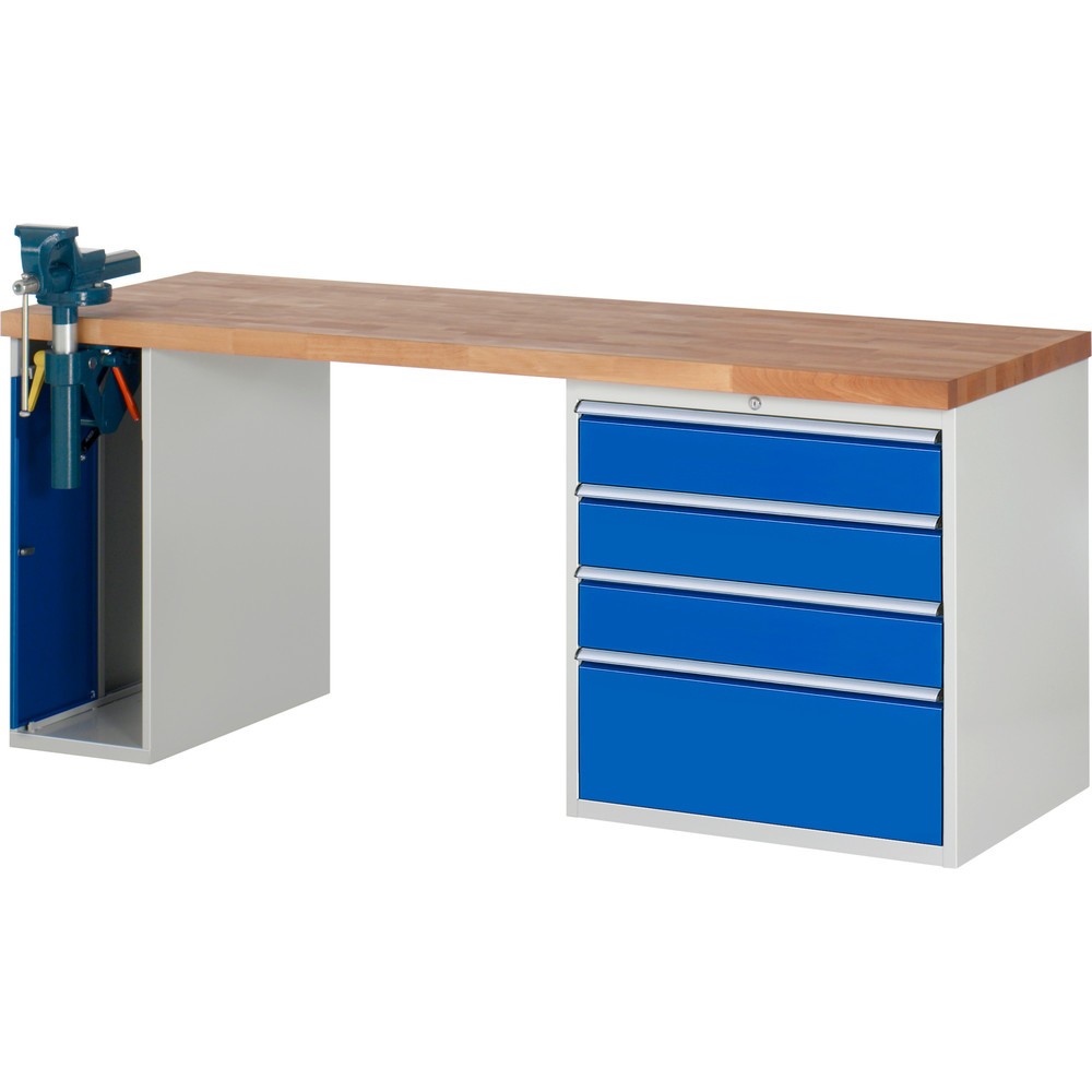 RAU Werkbank Serie 7000, 2 Container, SchraubstockHxBxT 890 x 2.000 x 700 mm, 4 x 100%-Auszug-Schubladen, Schubladen-TK 75 kg