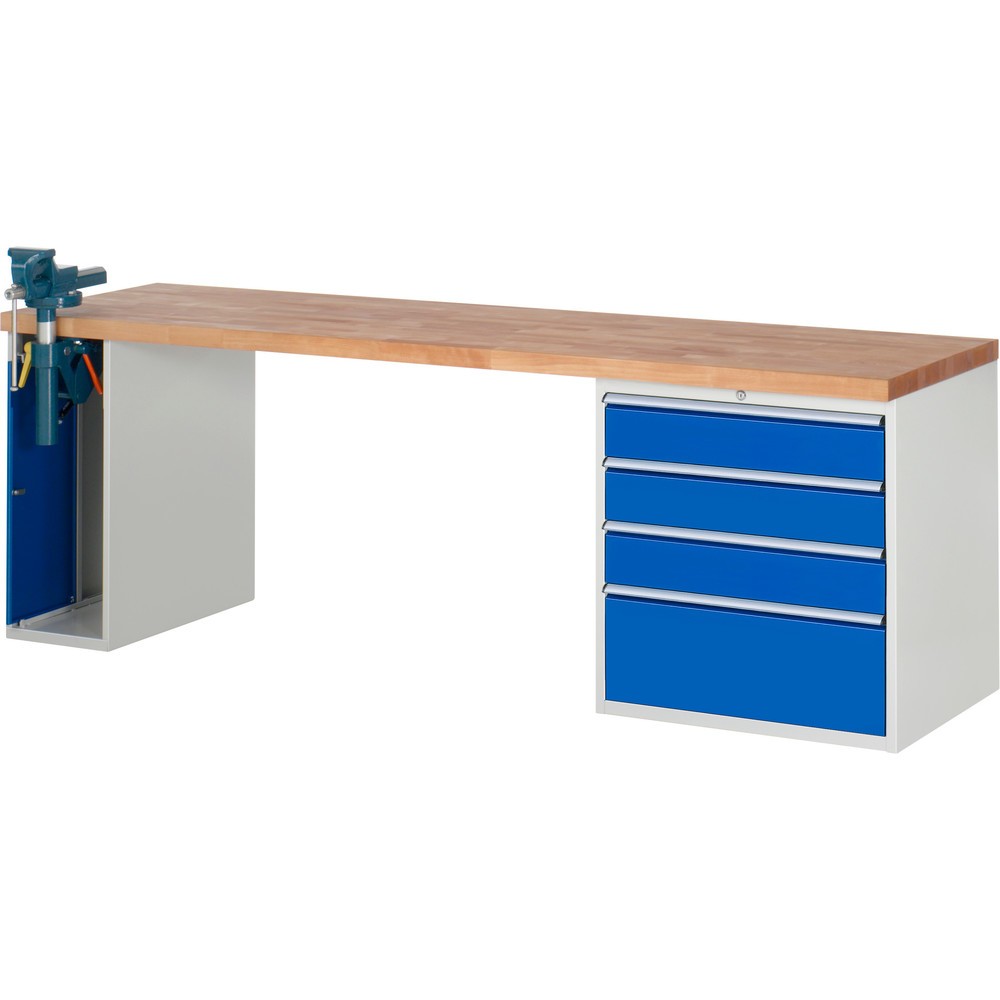 RAU Werkbank Serie 7000, 2 Container, HxBxT 840 x 2.500 x 700 mm, 4 x 100%-Auszug-Schubladen 3 x 150 mm, 1 x 270 mm, Schubladen-TK 100 kg