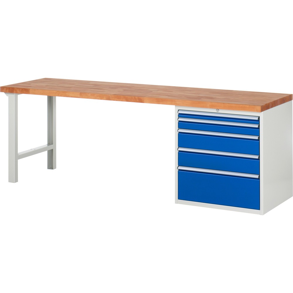 RAU Werkbank Serie 7000, 1 Container, HxBxT 840 x 2.500 x 700 mm, 5 x 100%-Auszug-Schubladen 1 x 60, 1 x 90, 2 x 150, 1 x 270 mm, Schubladen-TK 100 kg