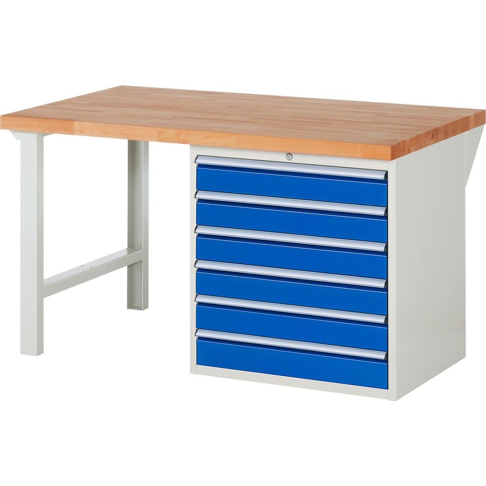 RAU Werkbank Serie 7000, 1 Container, HxBxT 840 x 1.500 x 900 mm, 6 x 90%-Auszug-Schubladen 6 x 120 mm, Schubladen-TK 100 kg