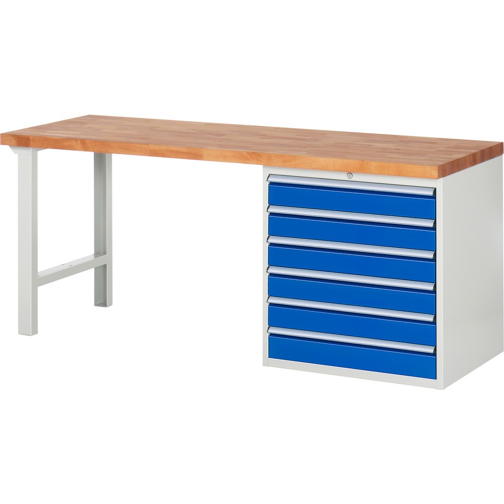 RAU Werkbank Serie 7000, 1 Container, HxBxT 840 x 2.000 x 700 mm, 6 x 90%-Auszug-Schubladen 6 x 120 mm, Schubladen-TK 100 kg