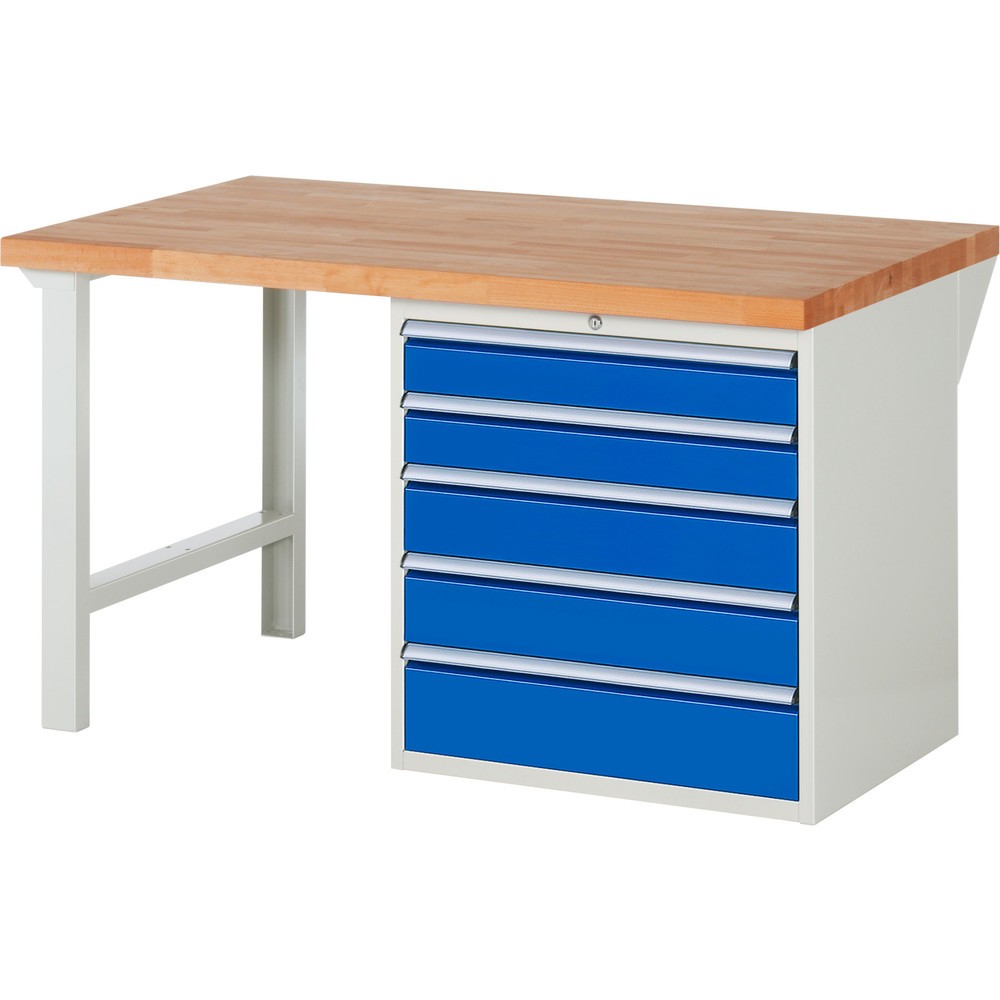 RAU Werkbank Serie 7000, 1 Container, HxBxT 890 x 1.500 x 900 mm, 5 x 100%-Auszug-Schubladen 2 x 120, 2 x 150, 1 x 180 mm, Schubladen-TK 75 kg