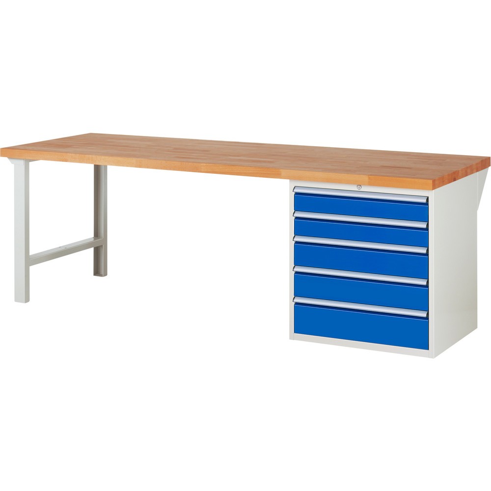 RAU Werkbank Serie 7000, 1 Container, HxBxT 840 x 2.500 x 900 mm, 5 x 100%-Auszug-Schubladen 2 x 120, 2 x 150, 1 x 180 mm, Schubladen-TK 100 kg