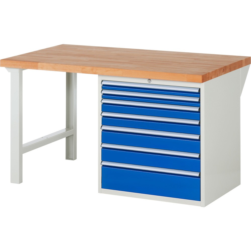 RAU Werkbank Serie 7000, 1 Container, HxBxT 840 x 1.500 x 900 mm, 7 x 90%-Auszug-Schubladen, Schubladen-TK 100 kg