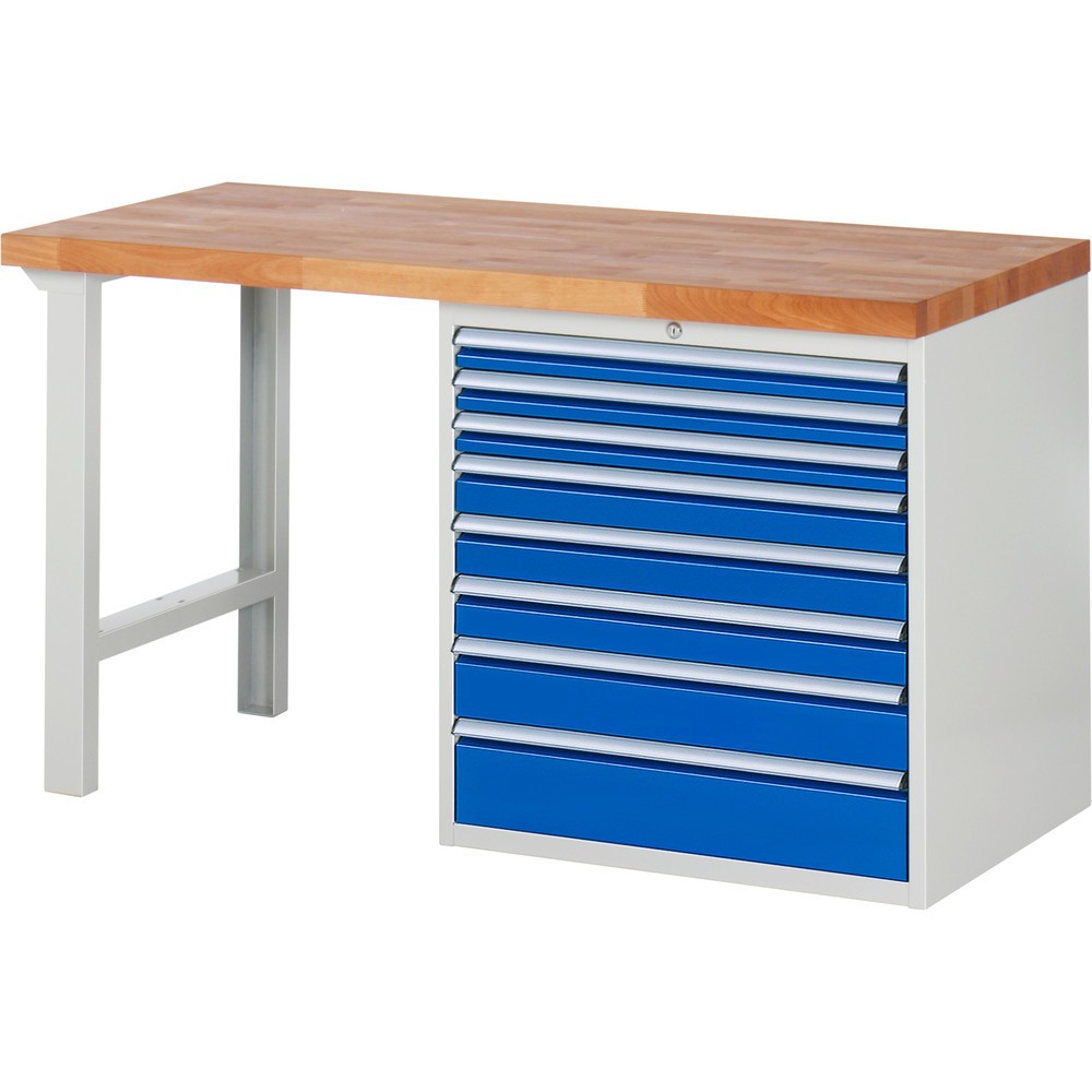 RAU Werkbank Serie 7000, 1 Container, HxBxT 890 x 1.500 x 700 mm, 8 x 100%-Auszug-Schubladen, Schubladen-TK 75 kg