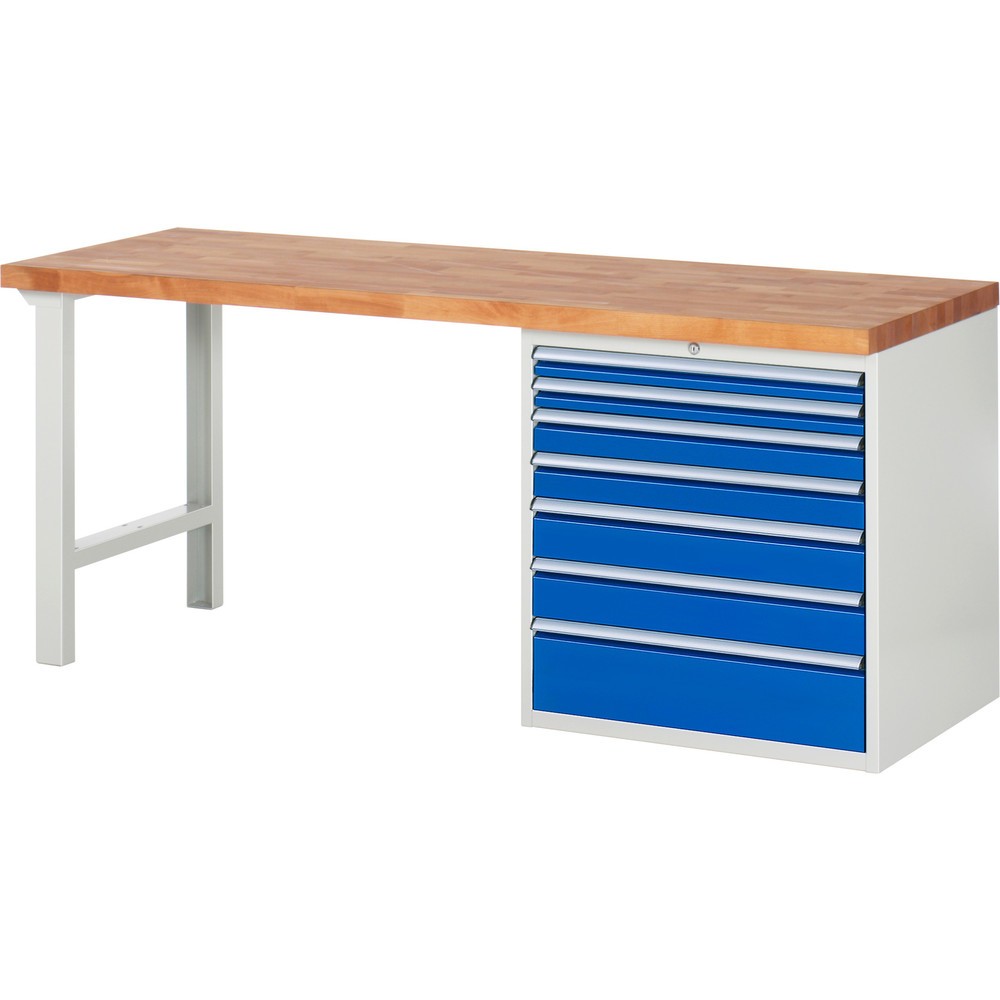 RAU Werkbank Serie 7000, 1 Container, HxBxT 890 x 2.000 x 700 mm, 7 x 100%-Auszug-Schubladen, Schubladen-TK 100 kg