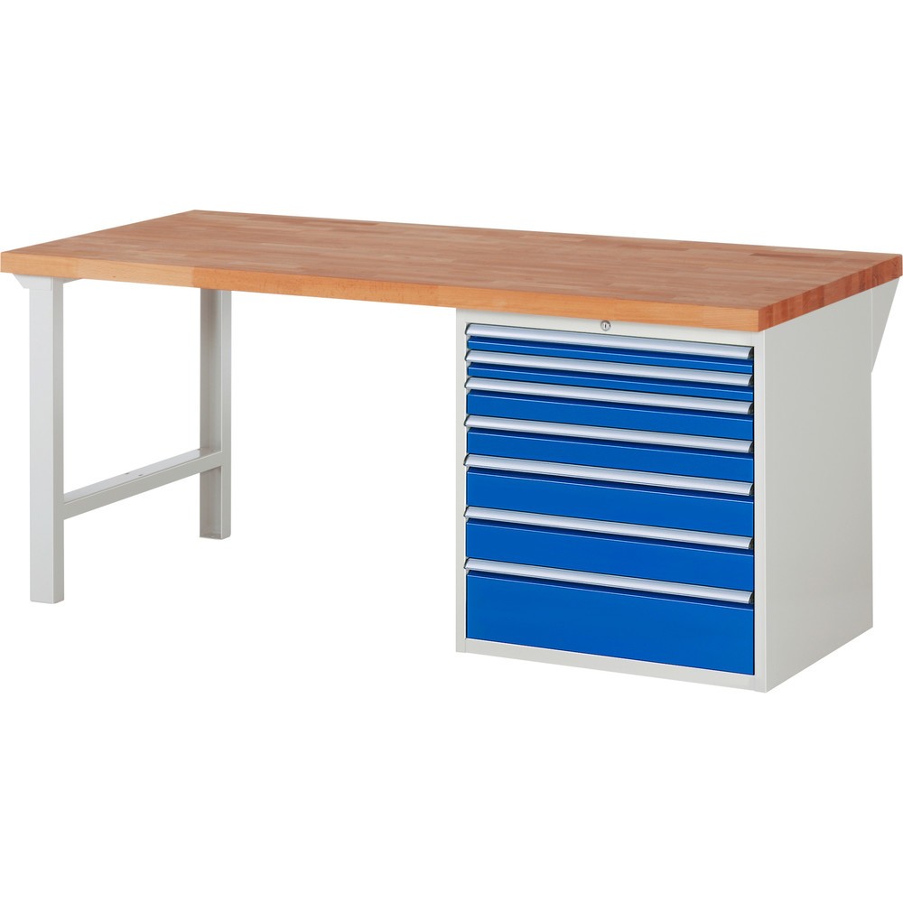 RAU Werkbank Serie 7000, 1 Container, HxBxT 840 x 2.000 x 900 mm, 7 x 90%-Auszug-Schubladen, Schubladen-TK 100 kg