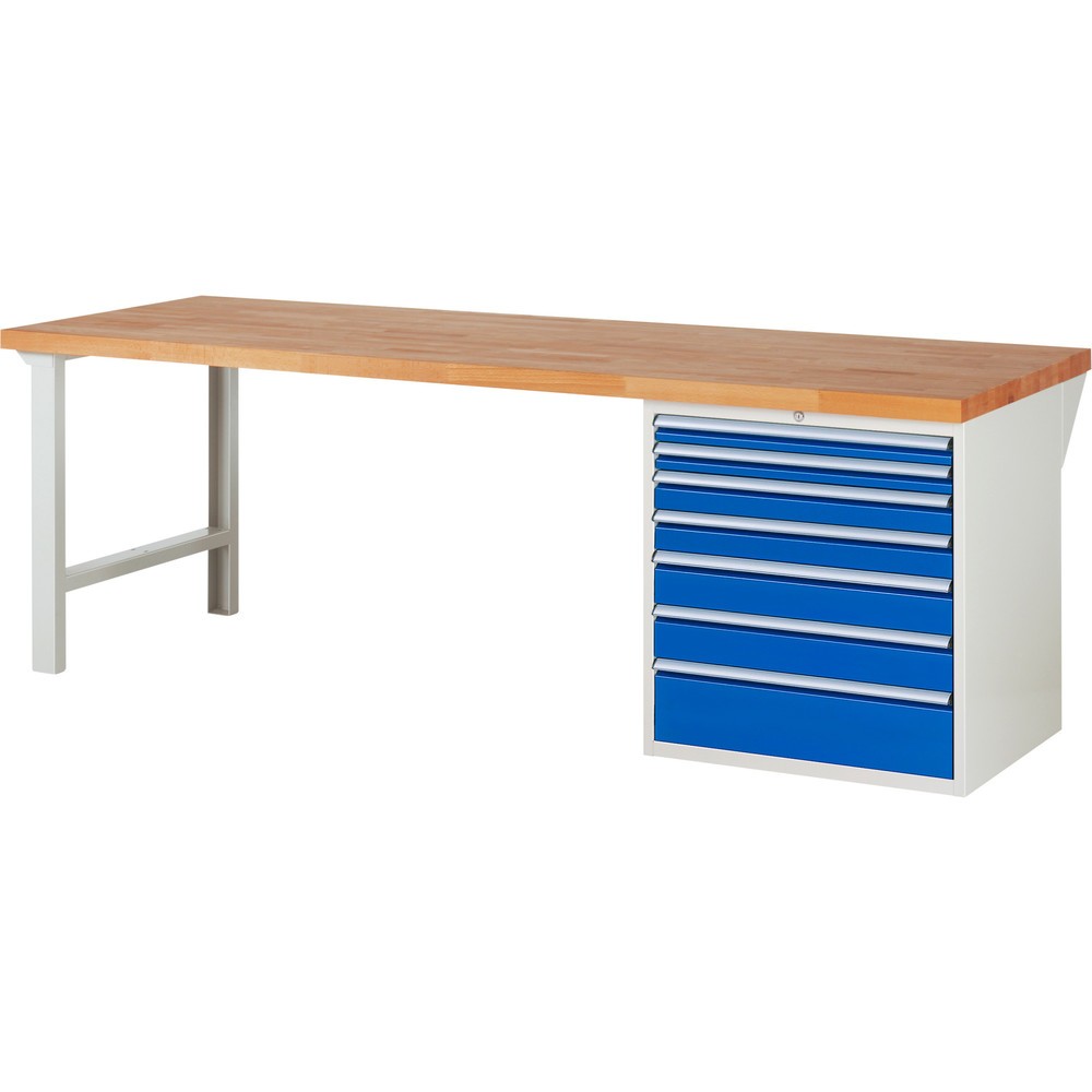 RAU Werkbank Serie 7000, 1 Container, HxBxT 840 x 2.500 x 900 mm, 7 x 100%-Auszug-Schubladen, Schubladen-TK 100 kg