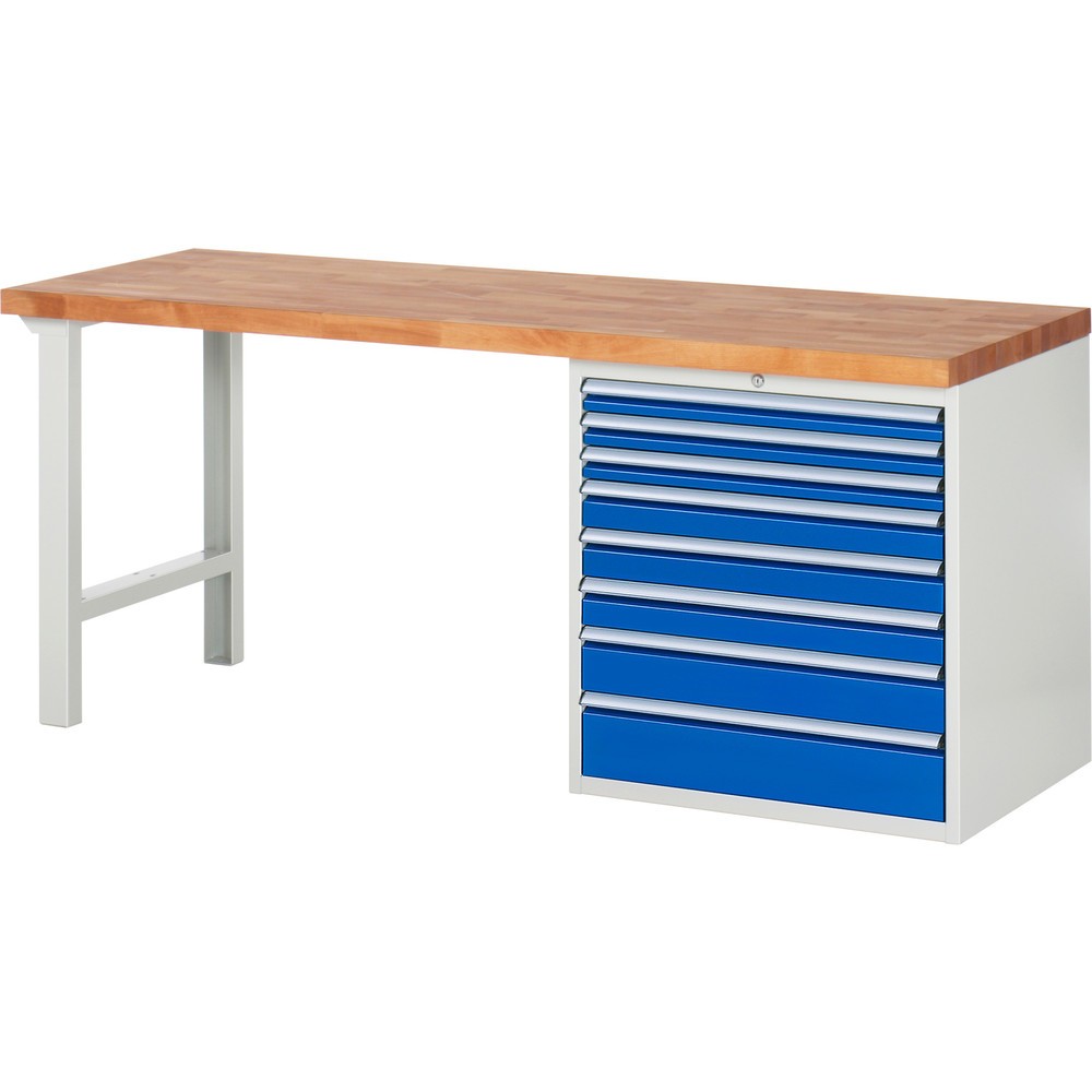 RAU Werkbank Serie 7000, 1 Container, HxBxT 840 x 2.000 x 700 mm, 8 x 100%-Auszug-Schubladen, Schubladen-TK 75 kg