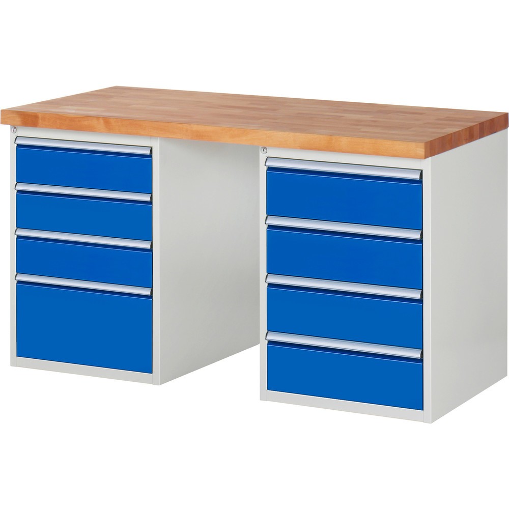 RAU Werkbank Serie 7000, 2 Container, HxBxT 840 x 1.500 x 700 mm, 8 x 90%-Auszug-Schubladen 3 x 150 mm, 4 x 180 mm, 1 x 270 mm, Schubladen-TK 100 kg